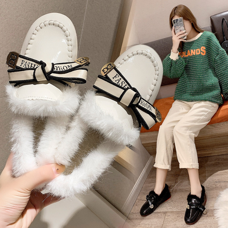 蝴蝶结加绒一脚蹬单鞋女防滑2025冬季毛线口韩版东大门毛毛豆豆鞋,女鞋,深口单鞋,淘宝优惠券,粉丝福利购,淘宝优惠卷