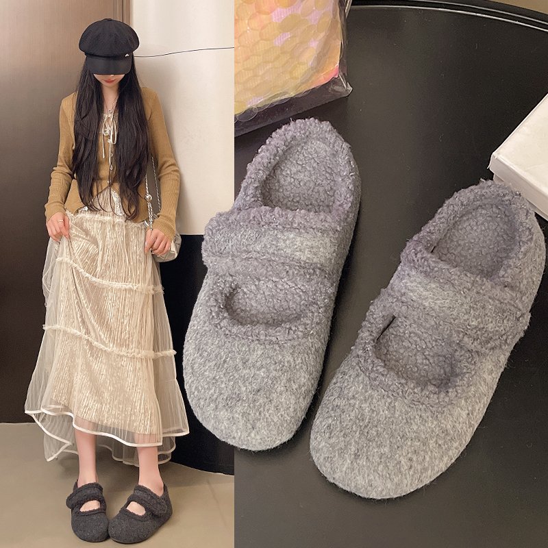 毛绒玛丽珍鞋女秋冬加绒保暖软底