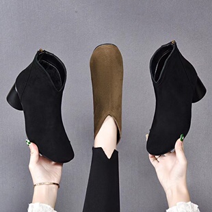 中跟短靴圆头2026裸靴女单靴绒面磨砂皮瘦瘦靴0101n 早春新款