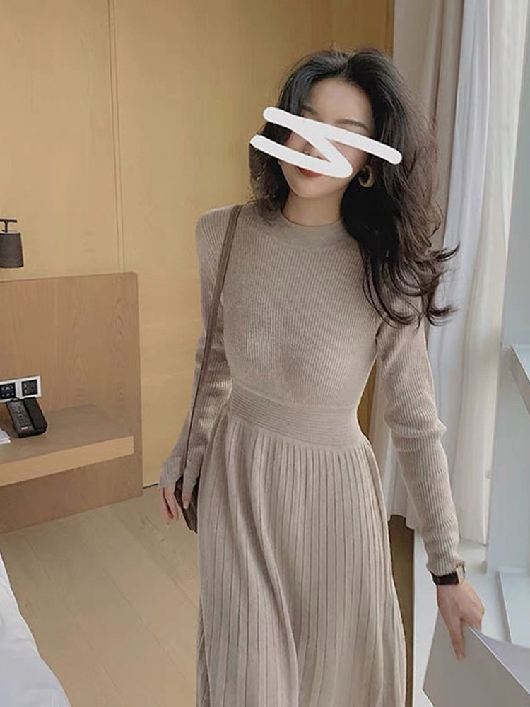 코트와 밑단이 있는 프렌치 무릎길이 스웨터 드레스 슬림핏 가을 겨울 여성을 위한 여성스러운 기질의 니트 드레스