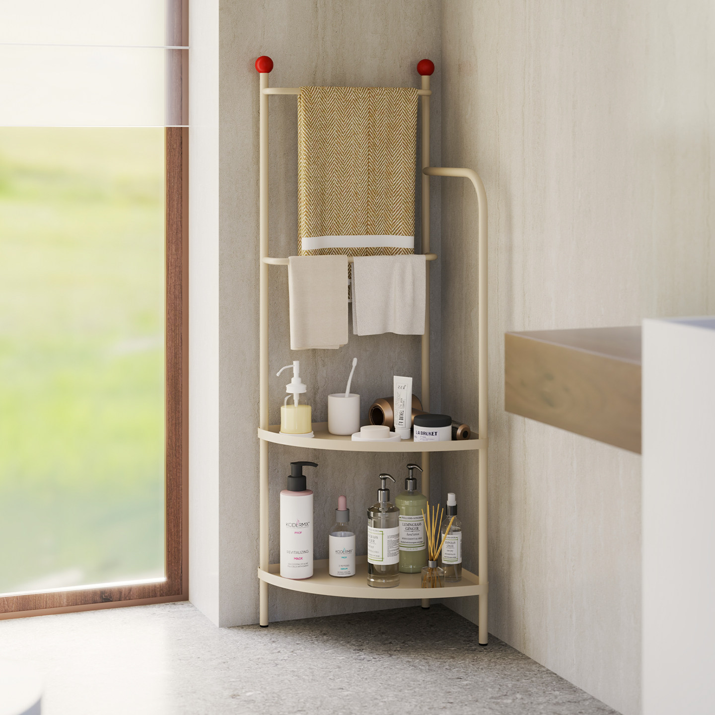 顾得卫生间转角置物架高端浴室角落毛巾架落地浴巾架放衣奶白架子