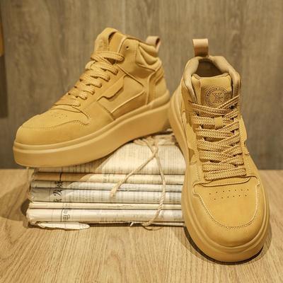 高级感男鞋秋季百搭高帮鞋子男款秋冬季小麦色厚底增高运动板鞋潮