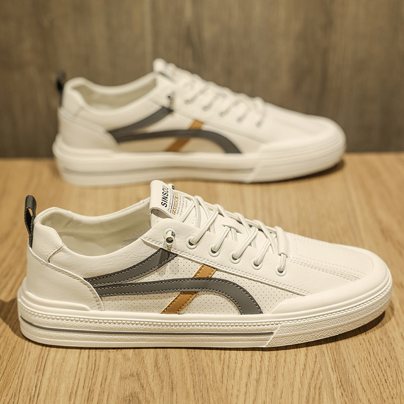 小白鞋男款松紧带夏季皮面冲孔透气休闲鞋子男士百搭夏天板鞋潮牌