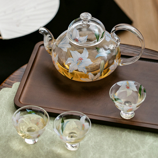 家用耐高温围炉煮茶高颜值礼物 西比尔百合花玻璃茶壶茶杯茶具套装
