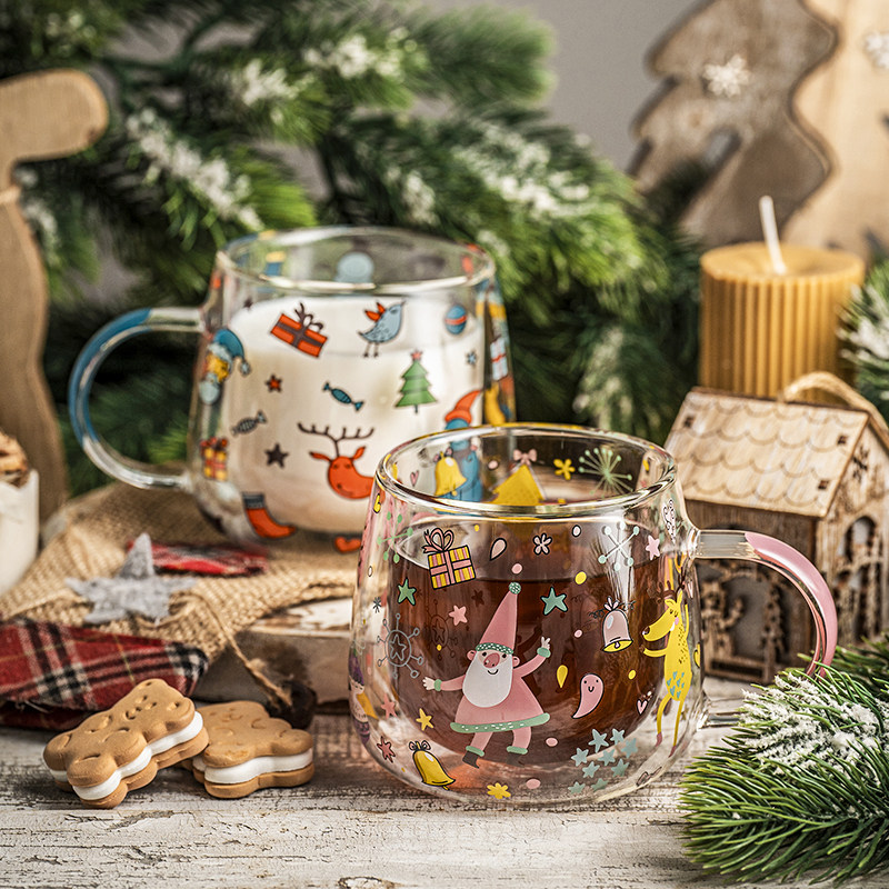 西比尔圣诞双层玻璃杯隔热家用办公茶杯咖啡杯耐高温带杯把花茶杯