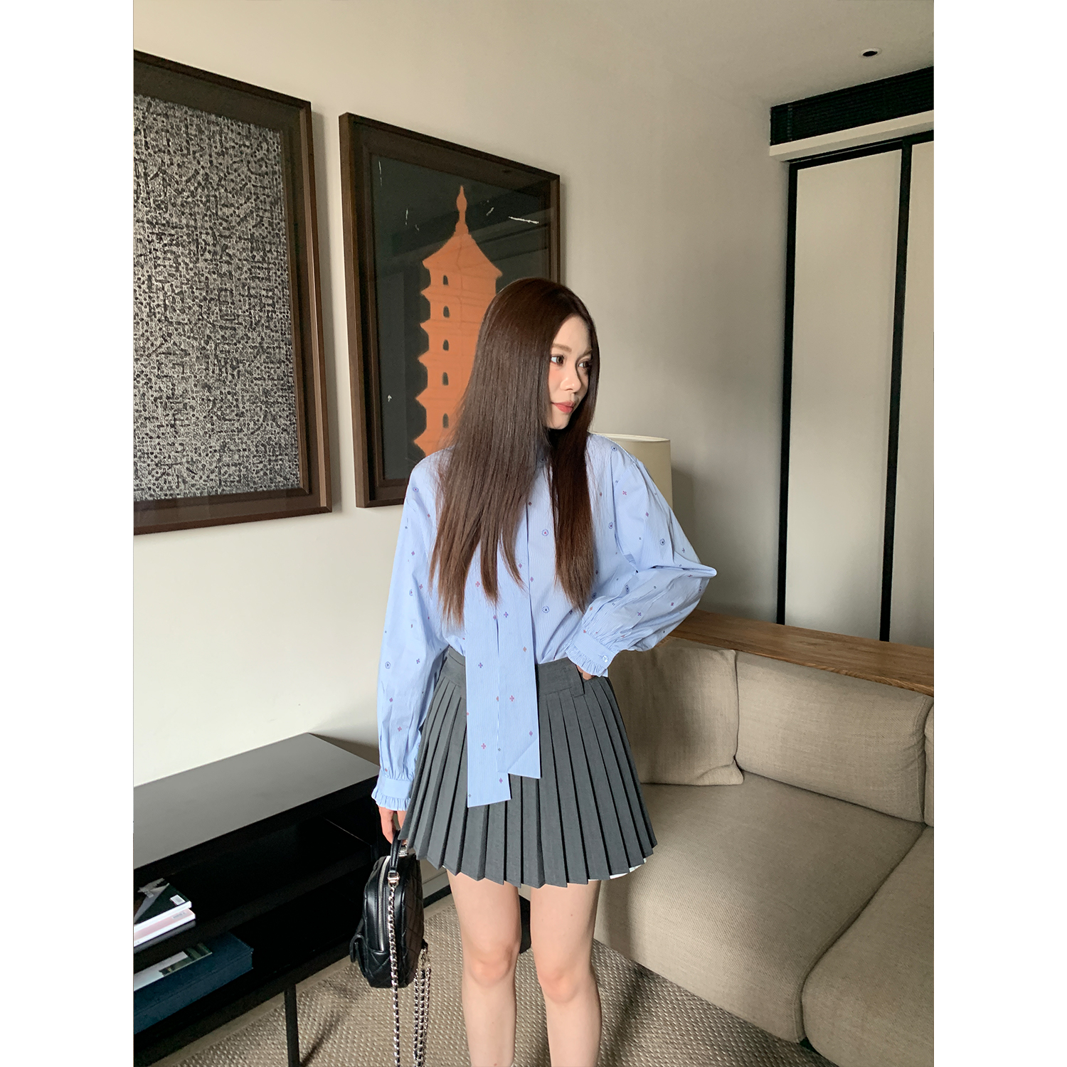 米花家【糖心钥匙】灰色层次设计感半身裙女2025春季学院风百褶裙