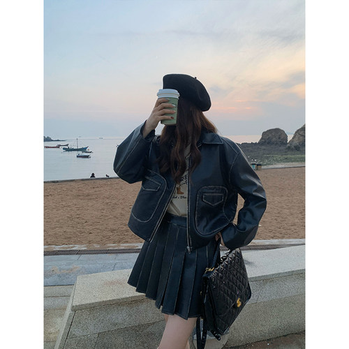 pu皮衣套装外套女+百褶pu皮裙
