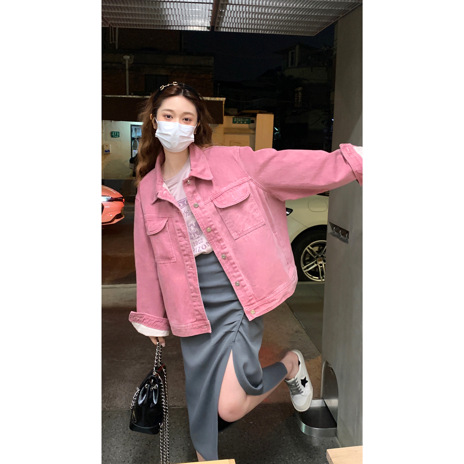 米花家粉色牛仔外套女