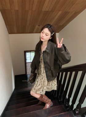 米花家【曼哈旅人】 棕色翻领复古皮衣外套女春季百搭皮外套