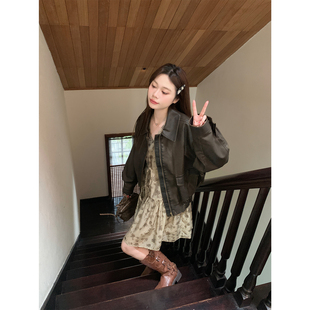 米花家【曼哈旅人】 棕色翻领复古皮衣外套女春季百搭皮外套