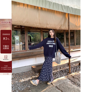 米花家【活力随型】蓝色圆领字母做旧卫衣女初秋宽松慵懒上衣