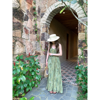 米花家海岛风花朵收腰长裙