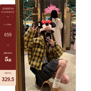 米花家【南瓜森林】黄色撞色格子羽绒服女2024冬季新短款面包服潮