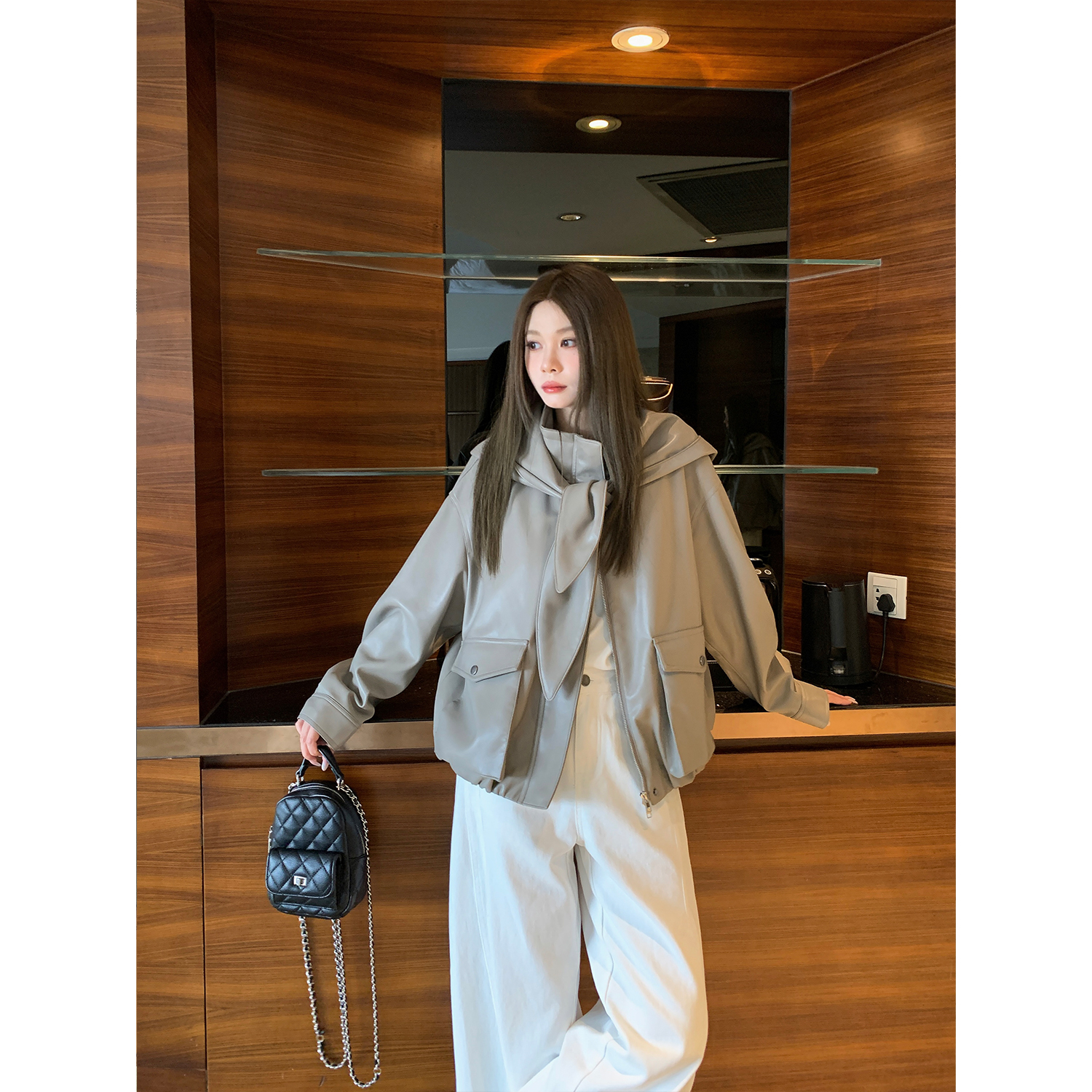 米花家【苏里高市】双口袋披肩设计感皮衣外套女2025秋季小众夹克