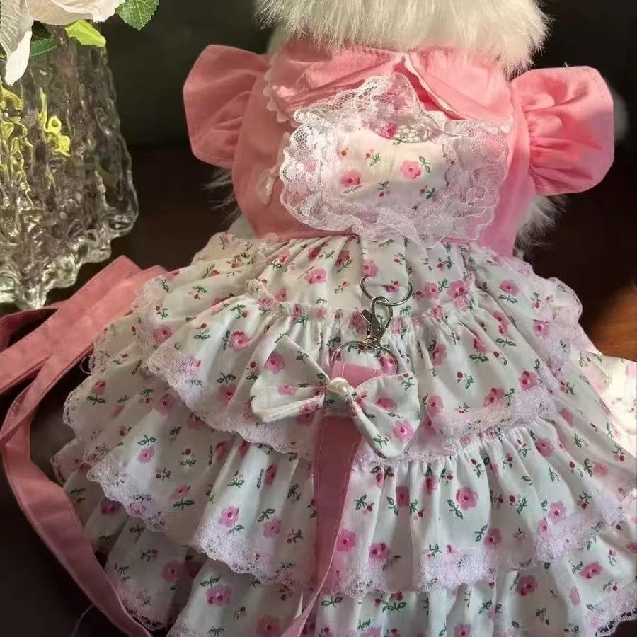 狗狗中大型衣服春夏款蕾丝碎花裙可牵引户外款柴犬萨摩耶金毛可穿
