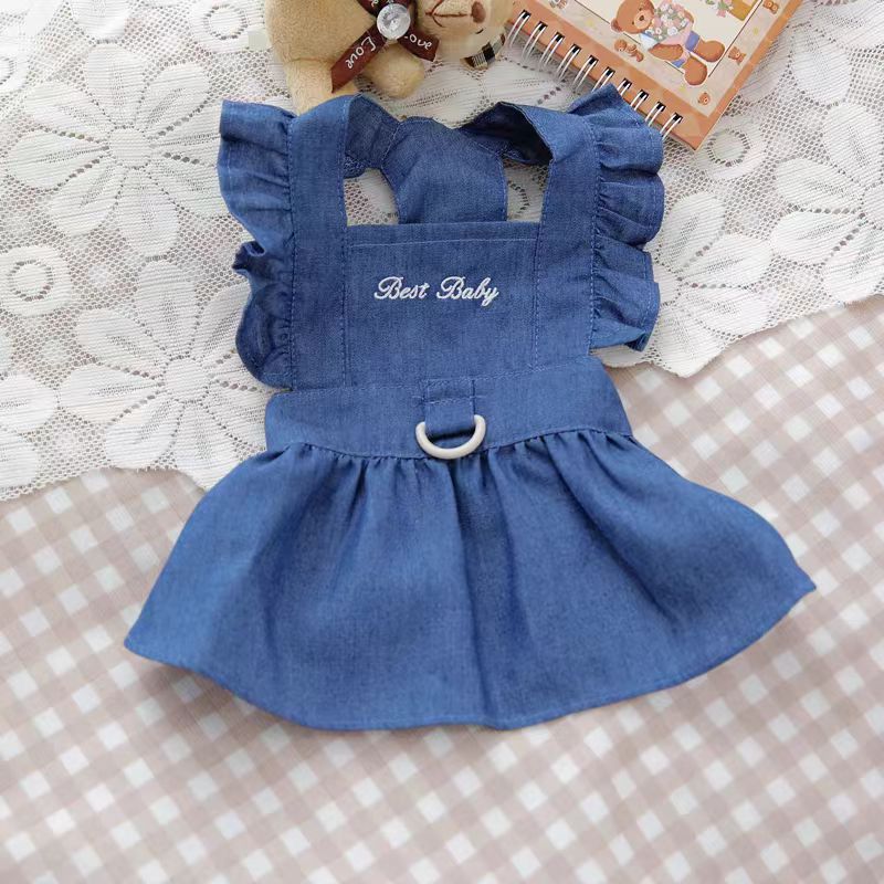 宠物比熊猫咪泰迪狗狗衣服春夏装裙子牛仔连衣裙带牵引扣牵引环