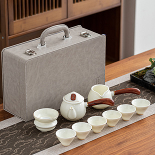 全套便携旅行家用侧把壶泡茶壶礼品 高端羊脂玉陶瓷功夫茶具套装