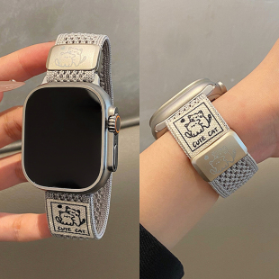 可爱两只猫咪针织适用iwatch9苹果手表applewatch10表带s11透气编织s8s7磁吸Ultra2新款 S9网红 45SE简约s6女款