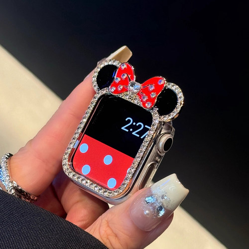可爱镶钻米妮适用苹果手表iwatch10保护壳新款applewatch9卡通边框S8/7女款手表壳钻石表壳全包防摔se高级感6