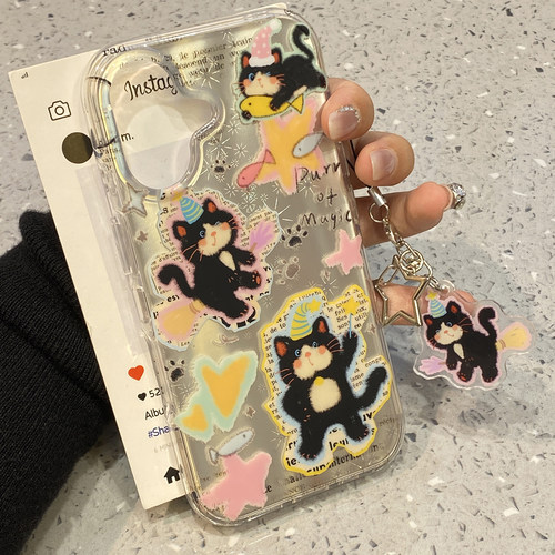 可爱个性涂鸦英文睡帽黑猫咪适用于iphone17pro手机壳苹果16保护套14防摔13全包新款15promax超好看max手机套
