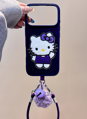 秋冬ins绒布紫色刺绣KT猫适用于苹果17promax手机壳iphone14保护套13新款16带挂绳15pro新年高级感max手机套