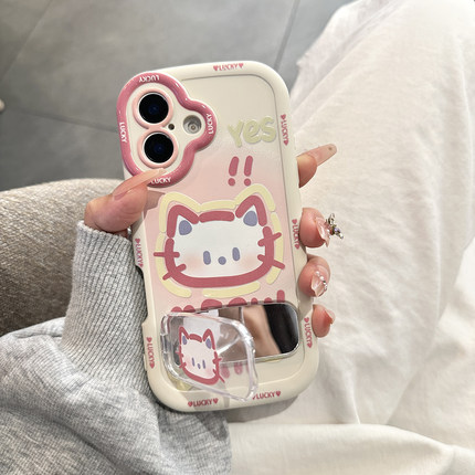 可爱涂鸦猫咪适用iphone17promax手机壳苹果16pro镜子支架15女14软13/11/套12max外壳x/xs/xr/xsmax/8plus/7p