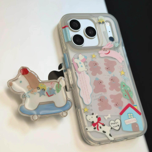 趣味可爱卡通斑点小狗小熊适用于iphone17pro手机壳苹果16保护套全包带支架新款15promax独特巨好看max手机套