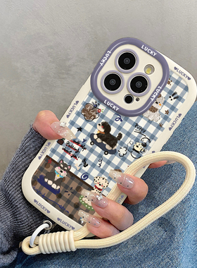 可爱格纹滑板狗狗适用于苹果17promax手机壳iphone16/11/套15pro挂绳14新款13max/12套xsmax/x/xs/xr/8/7plus