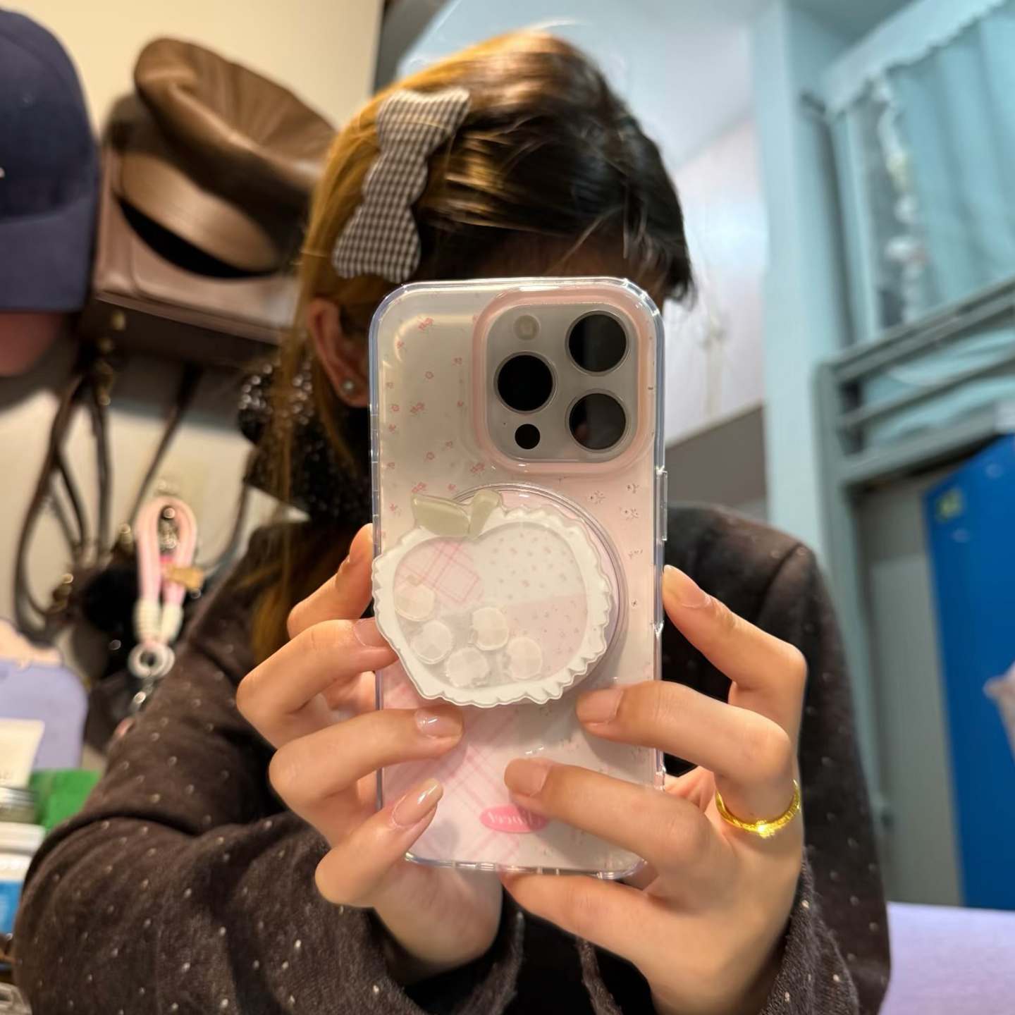 韩系ins粉格碎花拼接适用于iphone17手机壳苹果15保护套14磁吸支架13全包新款17promax女16pro网红max手机套p