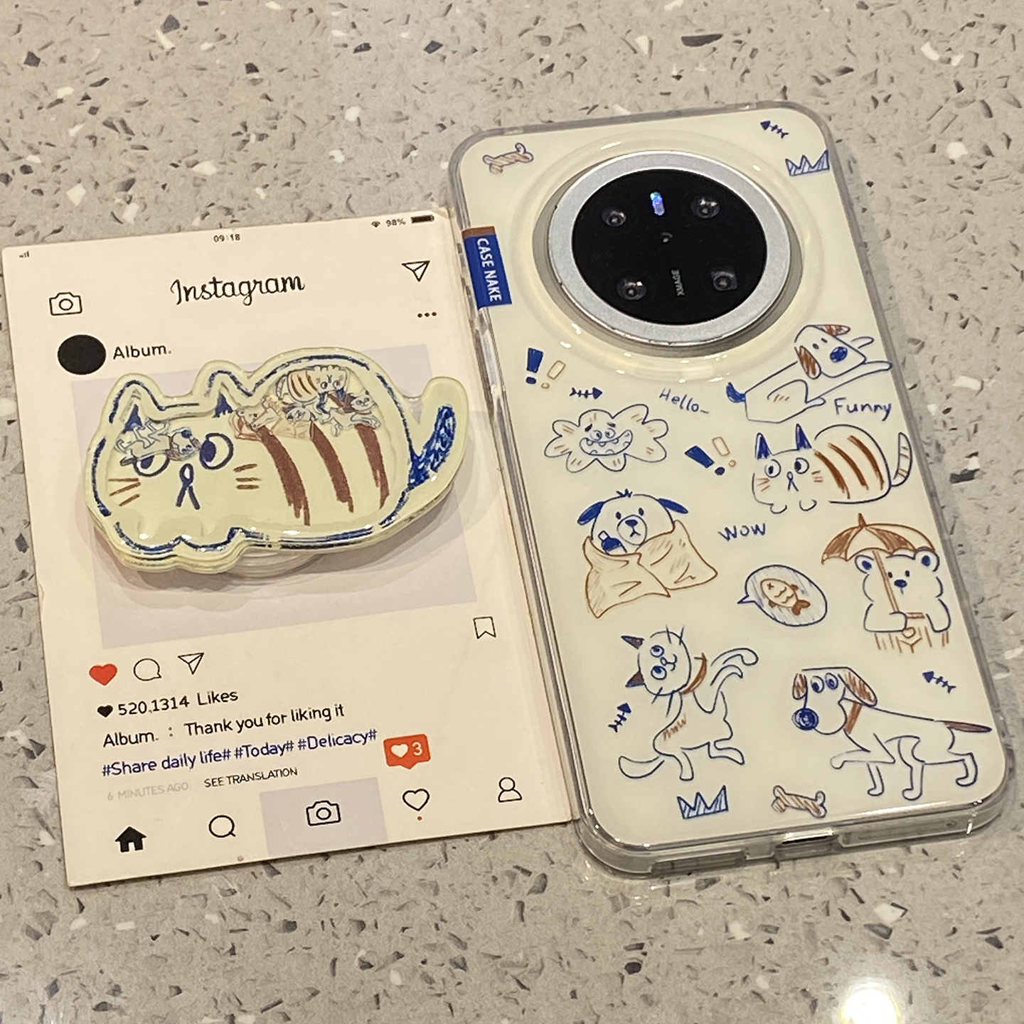 涂鸦卡通猫咪摇摇乐支架适用华为mate60pro+手机壳mate70pro保护套p70pro新款pura70pro外壳pura80p高级感p80