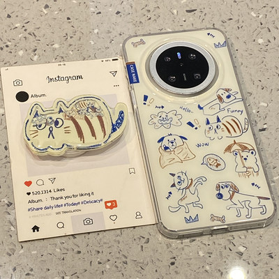 涂鸦卡通猫咪摇摇乐支架适用华为mate60pro+手机壳mate70pro保护套p70pro新款pura70pro外壳pura80p高级感p80