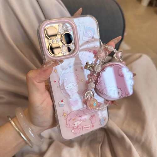 可爱粉色草莓头小羊适用于苹果16手机壳iphone15保护套14磁吸支架13新款17promax带链条15pro高级感max手机套