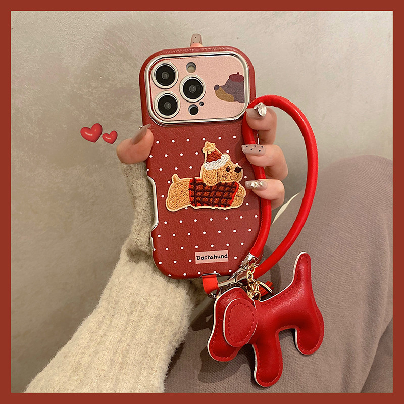 酒红色刺绣腊肠狗适用于iphone16pro手机壳苹果15保护套14带挂绳吊坠13新款16promax全包防摔max新年女款红色,3C数码配件,手机保护套/壳,淘宝优惠券,粉丝福利购,淘宝优惠卷