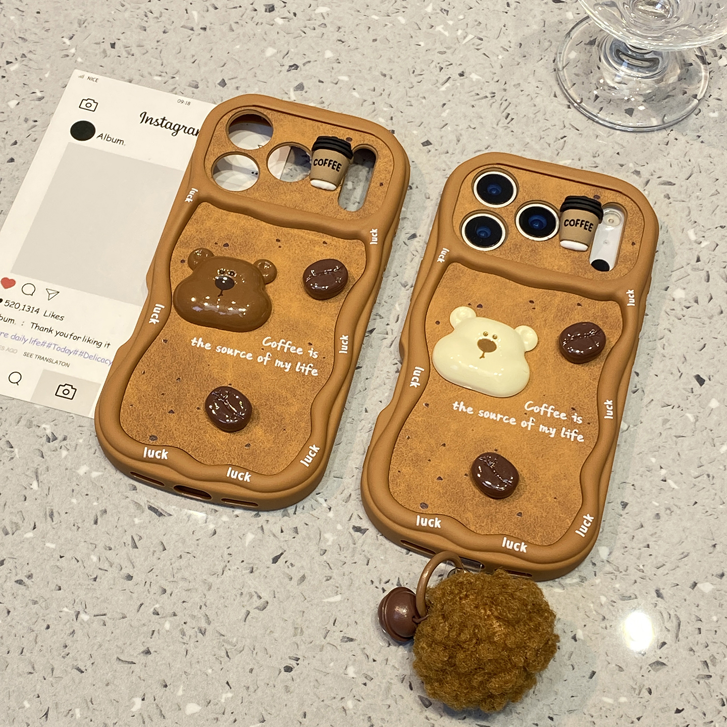 趣味可爱立体小熊咖啡豆适用于苹果15手机壳iphone14plus保护套13全包12新款17promax网红16pro软max手机套11