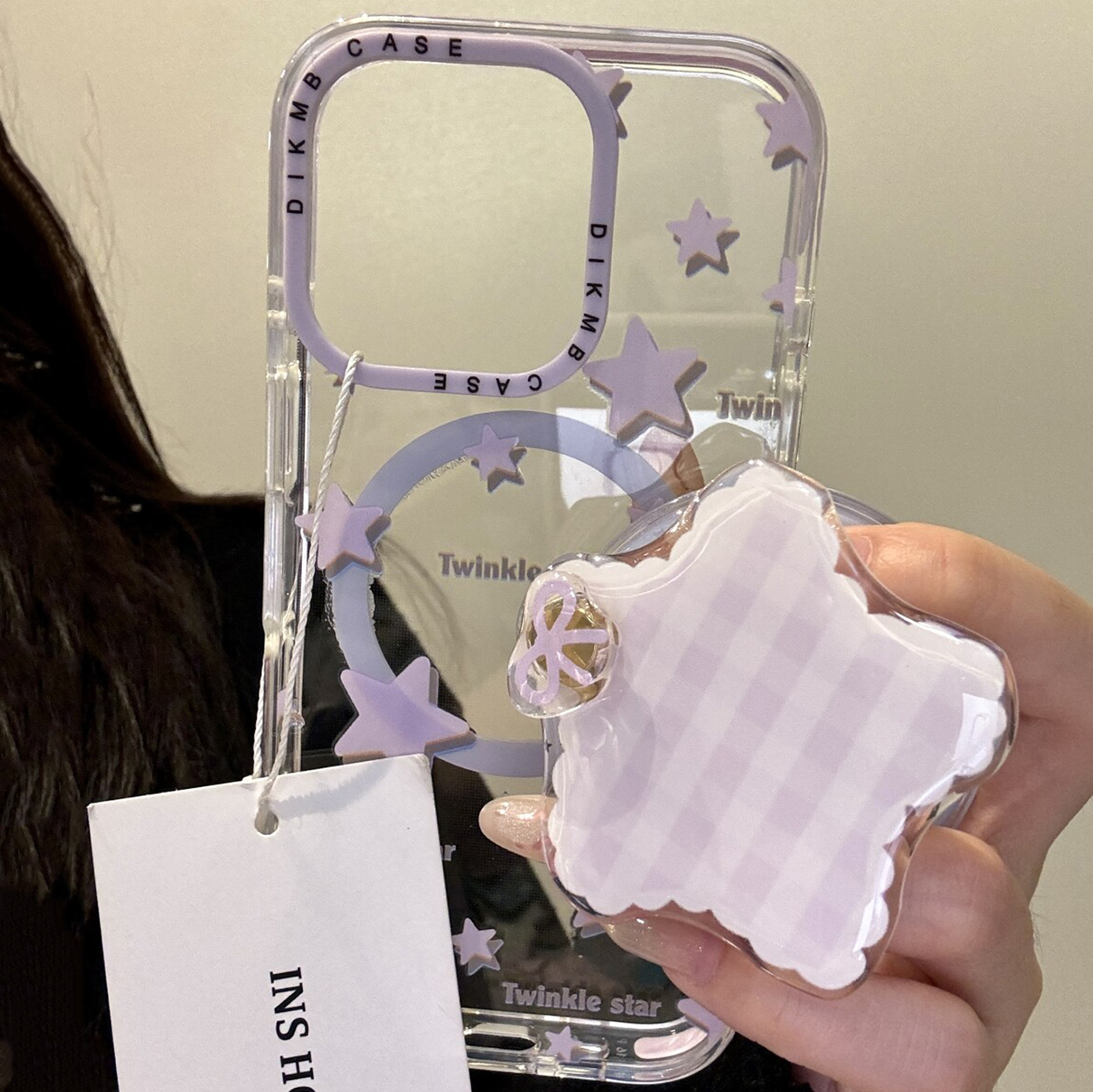 韩系ins紫色格纹星星旋转磁吸支架适用于iphone16pro手机壳苹果16保护套14透明13新款15promax高级max手机套p