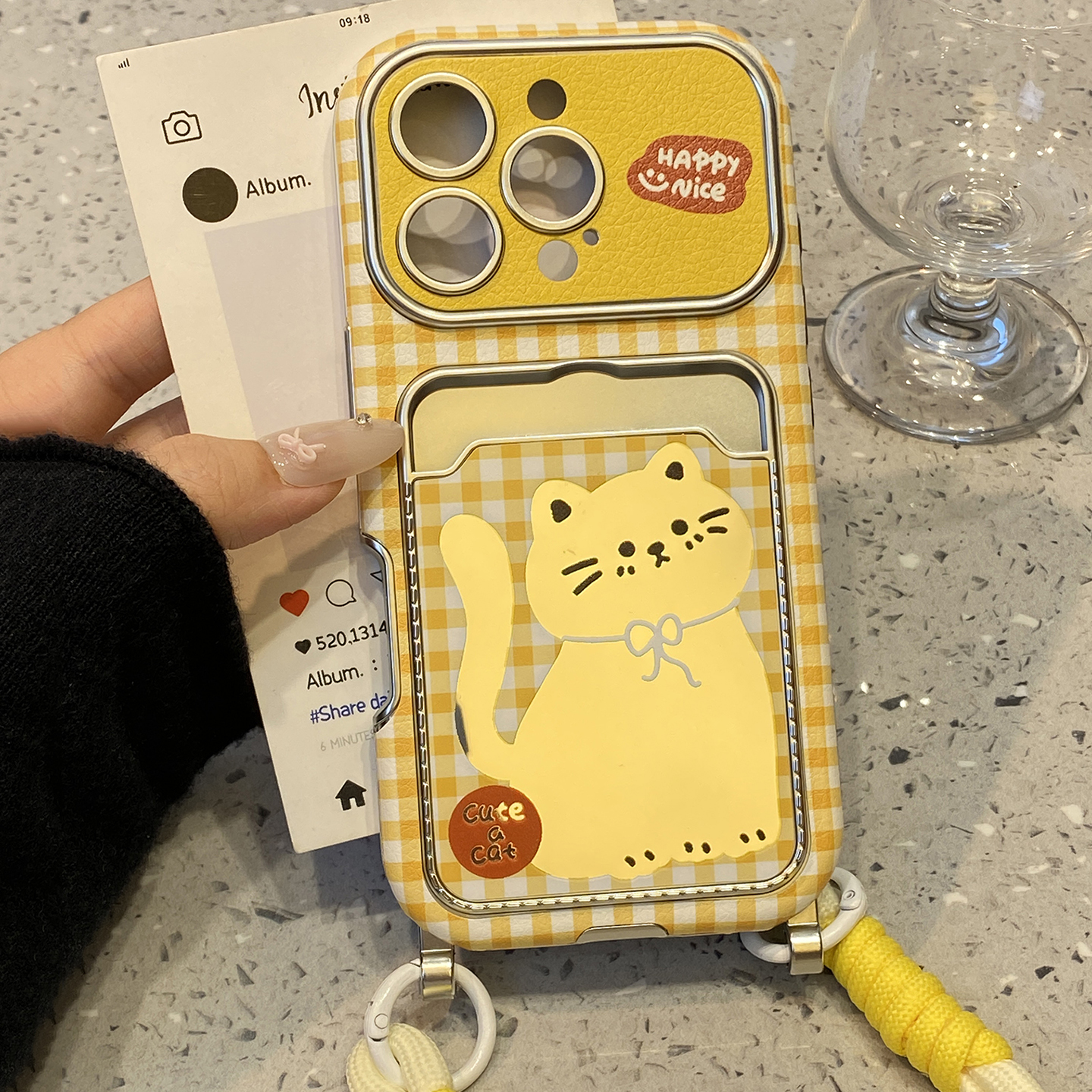 韩系ins黄格纹镜面猫咪适用于苹果17promax手机壳iphone14保护套13卡包新款16挂绳15pro女款高级感max手机套p