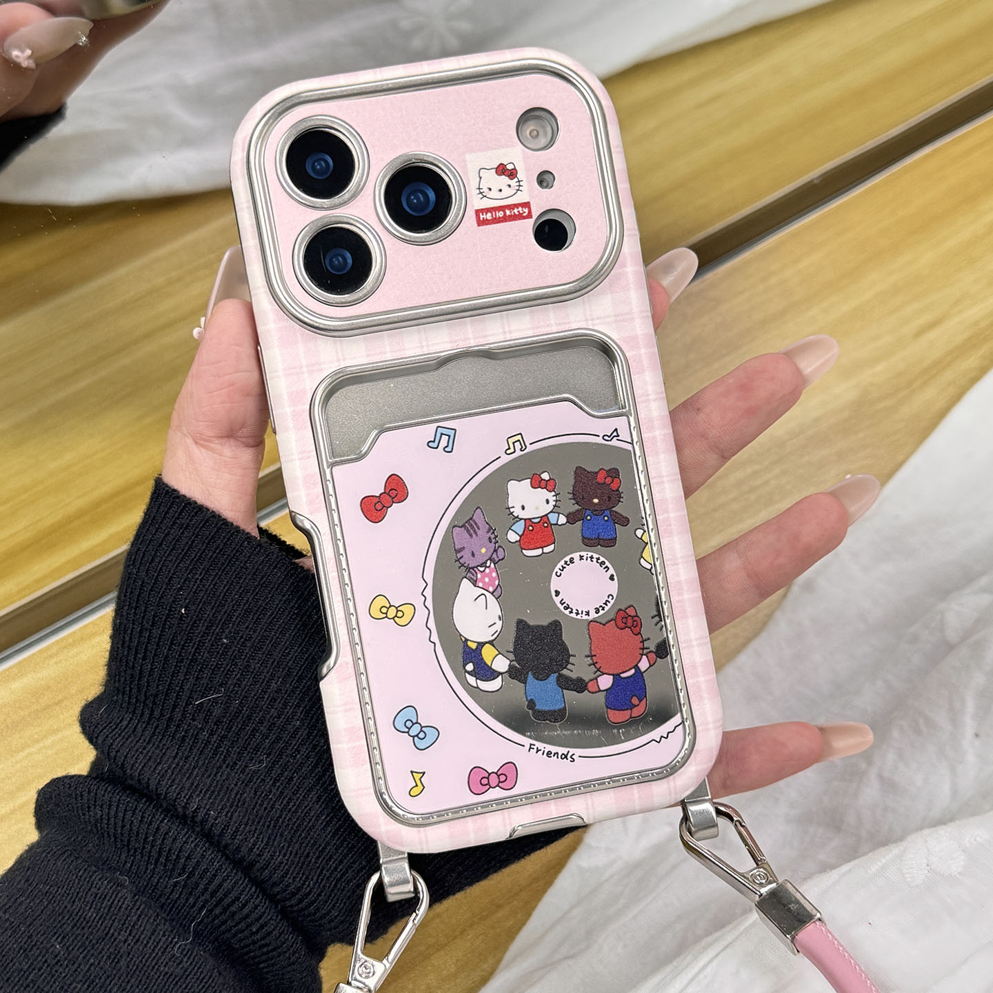 日韩可爱镜面唱片kt猫适用于苹果17promax手机壳iphone16保护套14卡包挂绳17全包新款15pro创意max网红手机套