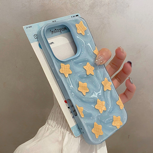 日韩ins风褶皱蓝底黄色星星适用于苹果16pro手机壳iphone15保护套14全包13防摔新款17promax超好看max手机套p
