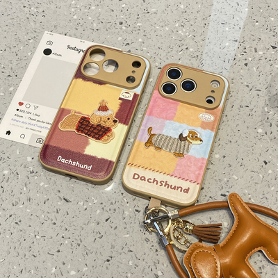 秋冬可爱撞色拼接色块腊肠狗适用于iphone17promax手机壳苹果15保护套14挂绳13全包新款16pro潮max网红手机套