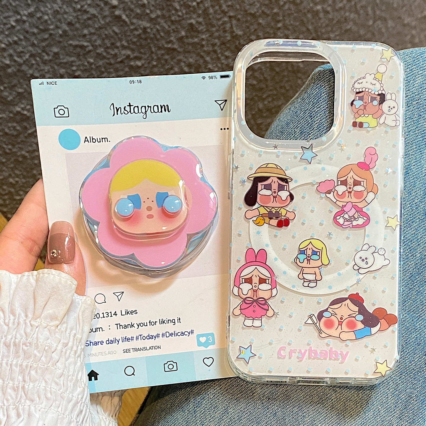 可爱卡通波点婴儿哭娃适用于苹果15手机壳iphone16保护套14磁吸支架13新款15promax防摔16pro高级感max手机套