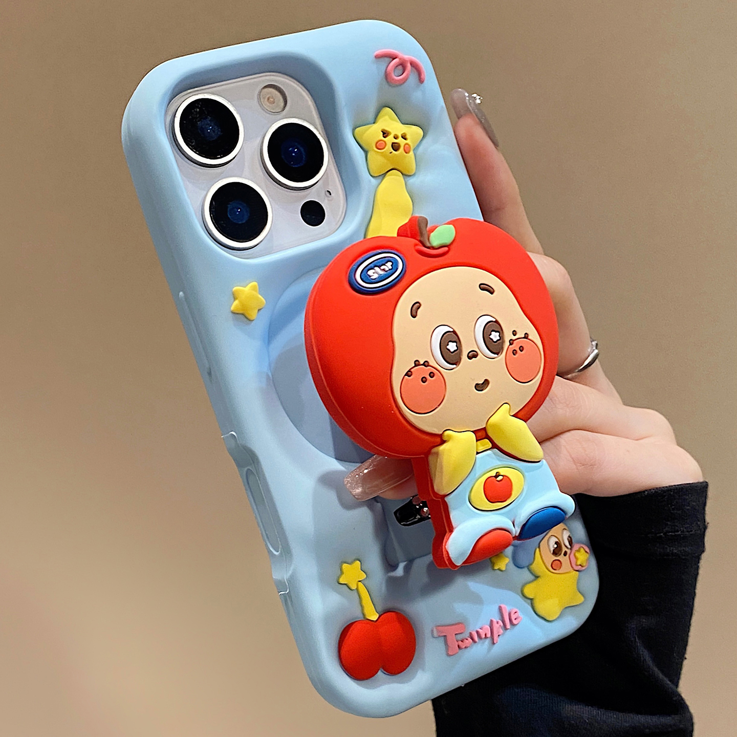 可爱创意立体苹果头套星星人适用于iphone16pro手机壳苹果16保护套14伸缩支架13新款15promax硅胶max手机套女