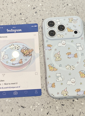 可爱卡通蓝色萌宠小狗适用于苹果17promax手机壳iphone14保护套13硅胶新款16磁吸支架15pro全包max小众手机套