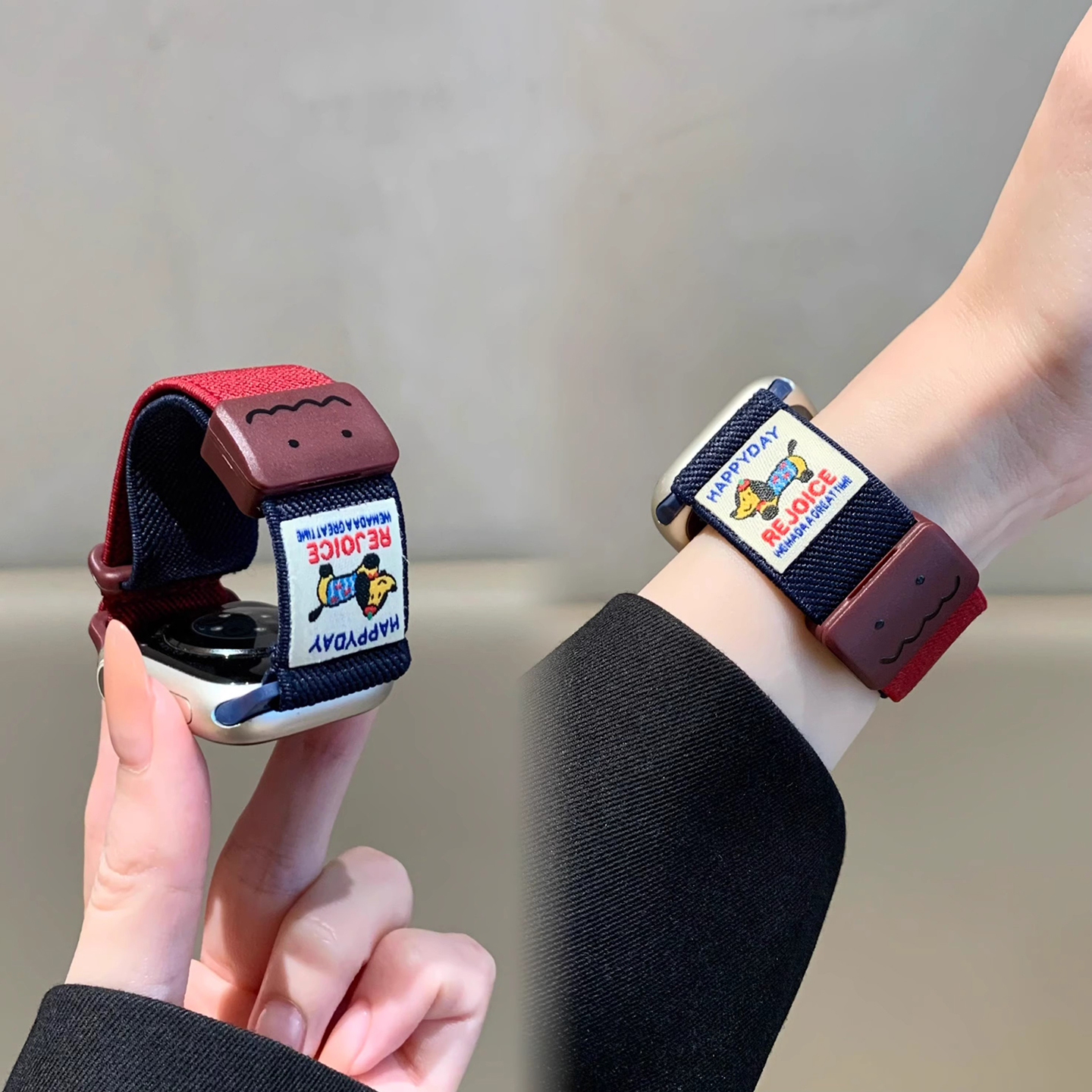 夏日多巴胺撞色可爱腊肠狗涂鸦适用苹果手表iwatch10表带applewatch9新款手表带S8磁吸扣S7运动S6女款5透气SE