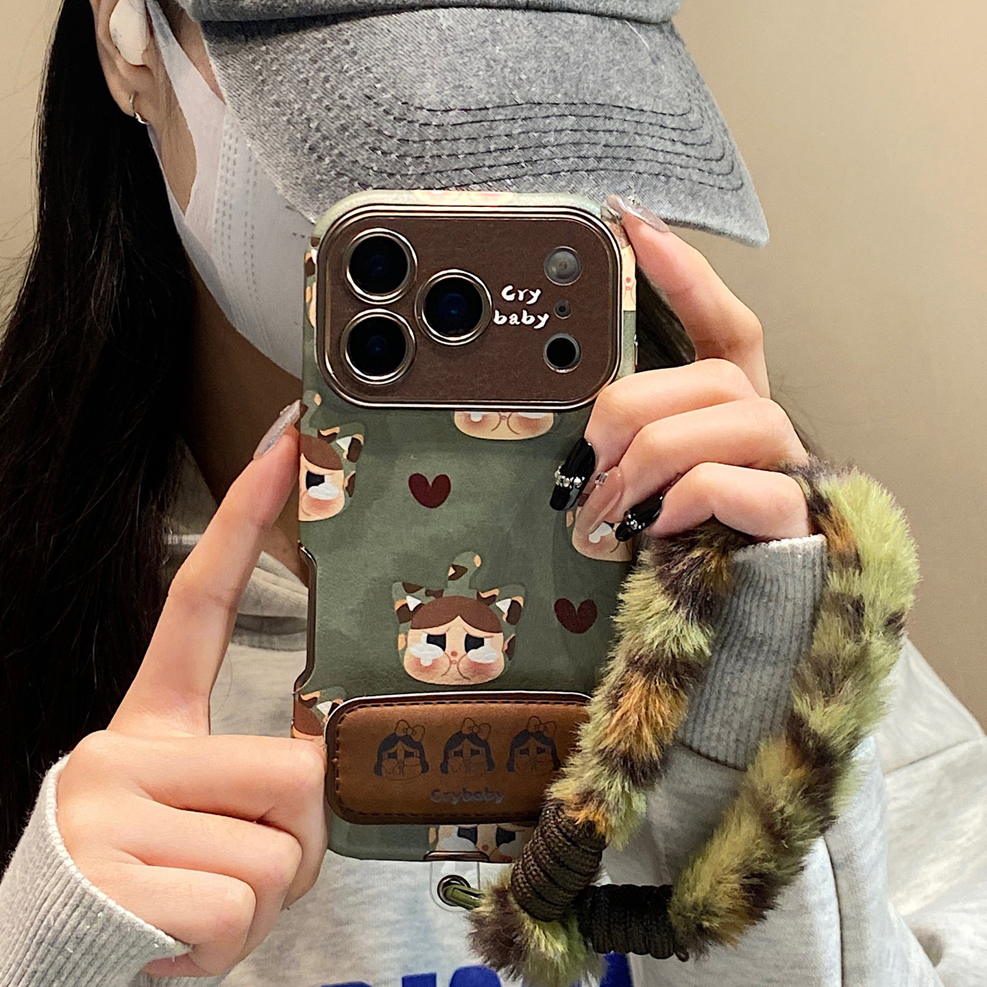 复古可爱大视窗爱心哭娃适用于iphone17pro手机壳苹果16保护套14支架13挂绳防摔新款15promax女max创意手机套