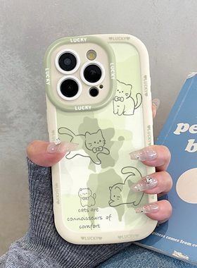 ins新中式淡雅绿素描猫咪适用苹果15promax手机壳iphone14pro新款13可爱12/卡通1max/x/xs/xr/xsmax/8plus/7p