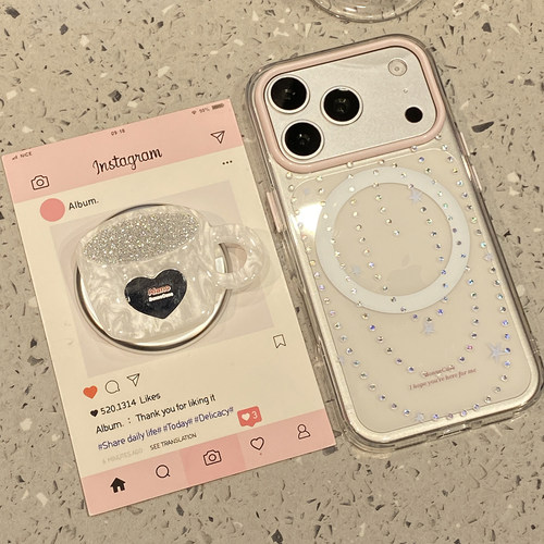 高级感闪粉咖啡杯磁吸支架适用于苹果18promax手机壳iphone17pro保护套16/15/14外壳13新款17pm全包防摔超火