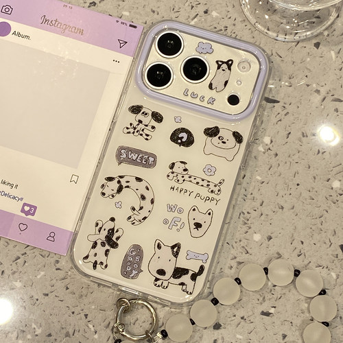 可爱卡通狗狗带链条适用于苹果17promax手机壳iphone16pro保护套15新款17pm超好看巨好看高级感全包防摔超火