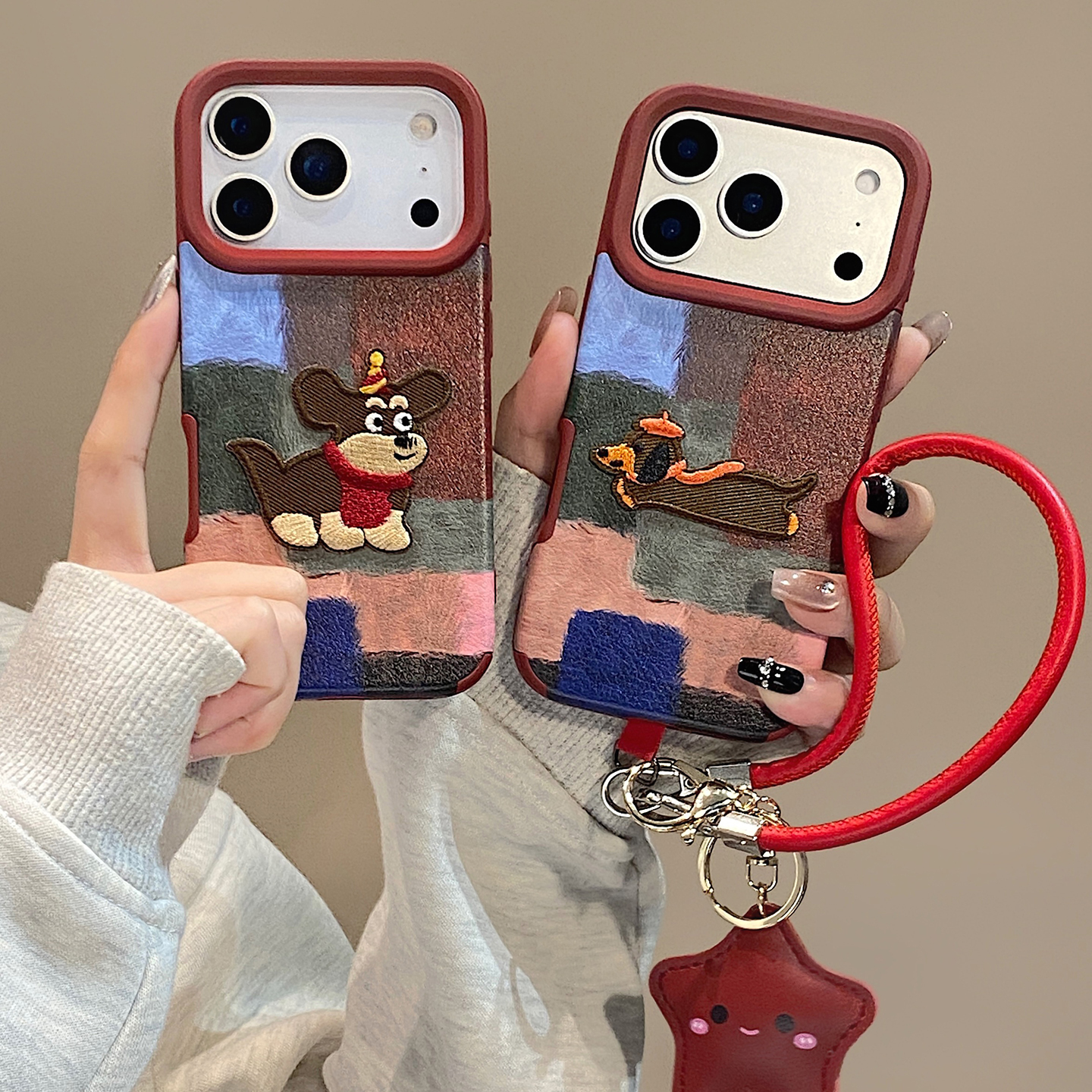 【每日新品】复古撞色刺绣小狗适用于苹果17pro手机壳iphone16保护套14软13挂绳新款15promax高级感max手机套