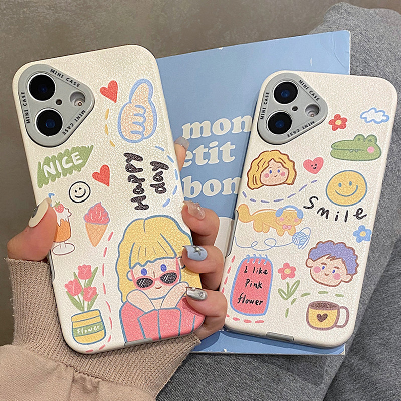 涂鸦笑脸男女孩头像适用于苹果15手机壳iphone16保护套14皮质13全包新款15promax情侣16pro创意max手机套小众