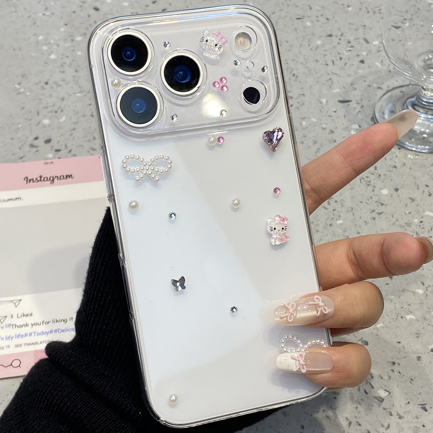 简约可爱透明点钻KT猫适用于苹果17promax手机壳iphone15保护套14珍珠蝴蝶结13新款16女15pro不撞款max手机套